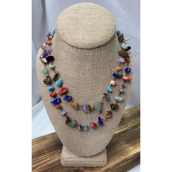 Signed V Jewelry - Vintage Semi Precious Stone Rope Knot Necklace Amethyst Tigers Eye Signed V